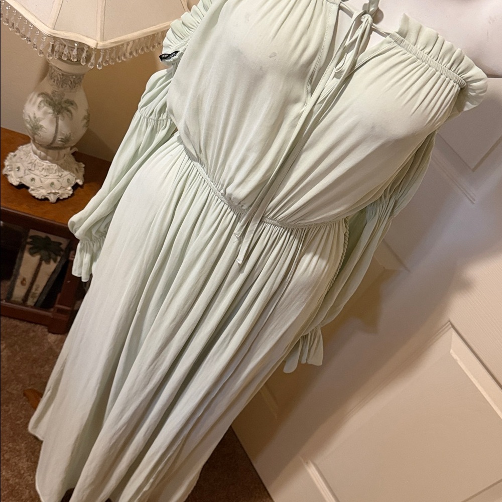 Forever 21 Off Shoulder Seafoam Maxi Dress Small Sheer Wrap NWT - Picture 5 of 14
